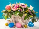 Basket of Flowers and Easter Eggs